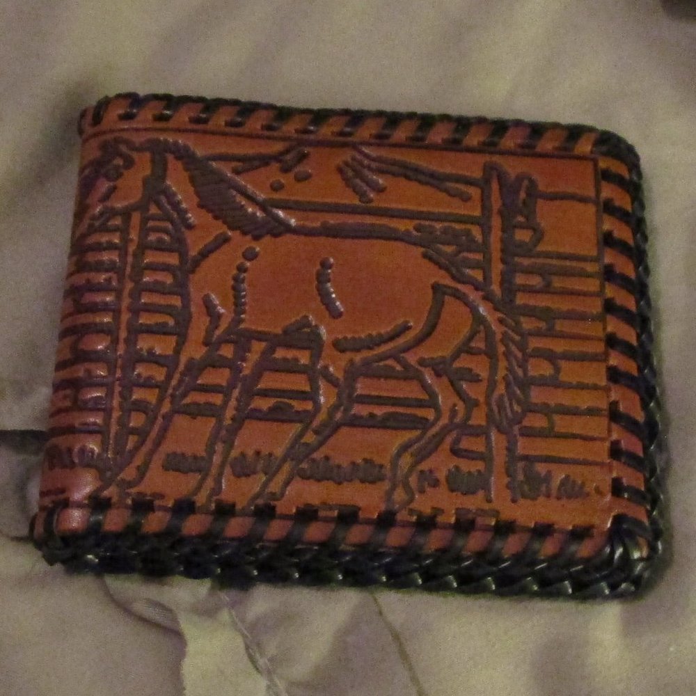 tooled leather folding wallet